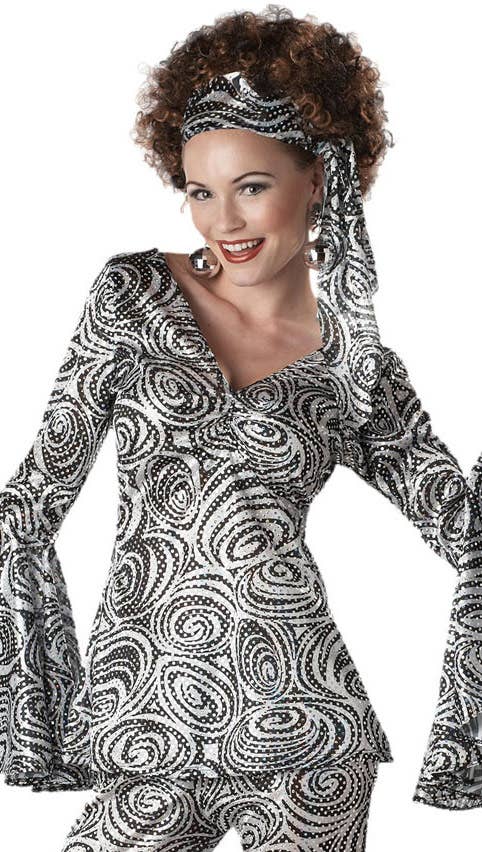 Foxy Lady 1970s Women's Black and White Sequined Disco Costume - Close Image