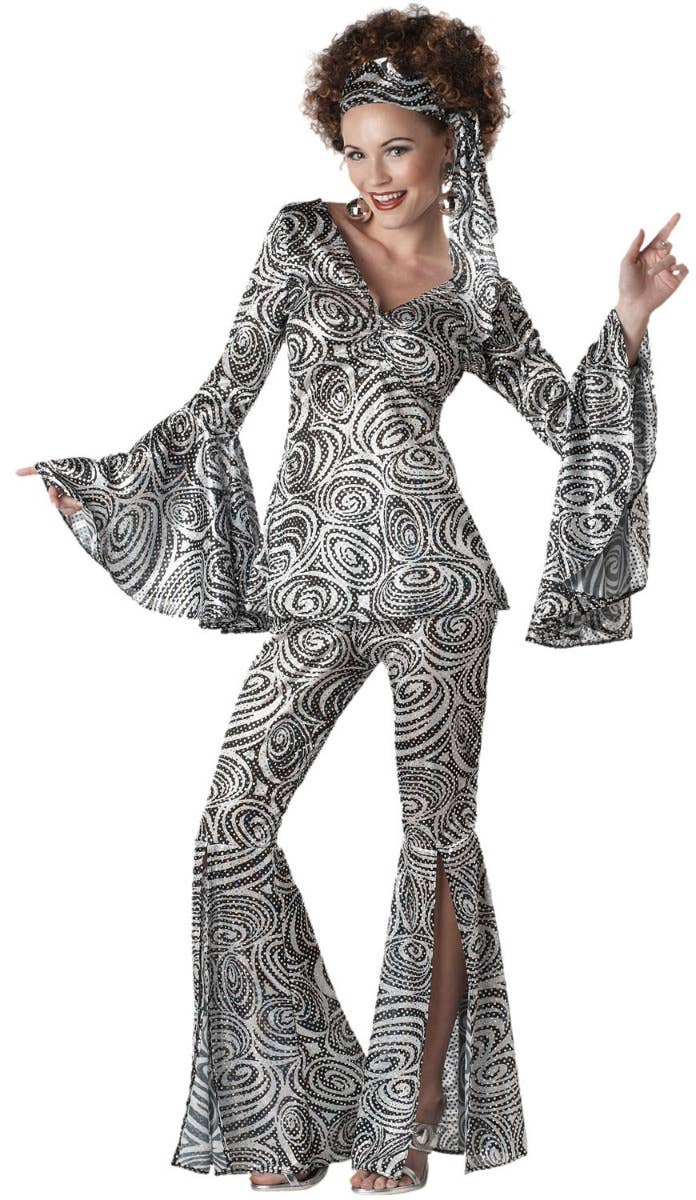 Foxy Lady 1970s Women's Black and White Sequined Disco Costume - Main Image