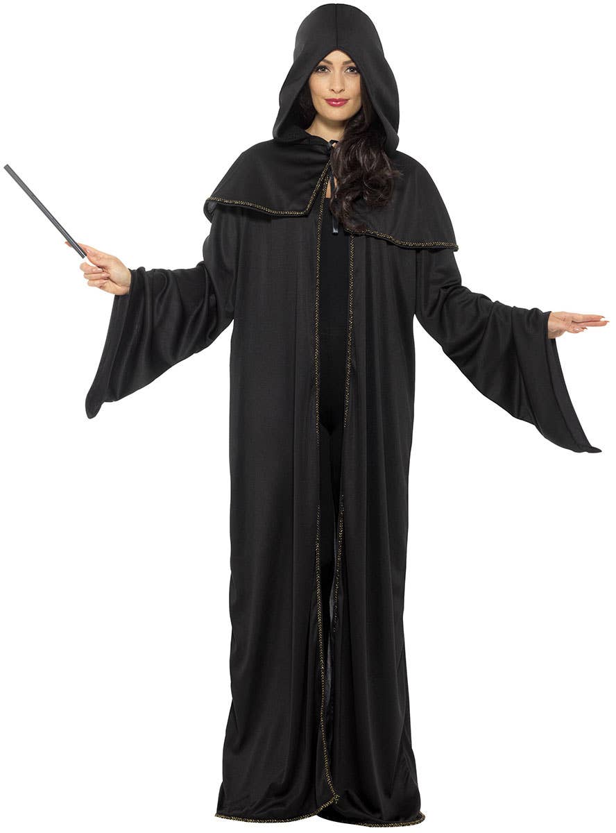 Image of Wizard Black and Gold Women's Halloween Costume Cloak - Front Image