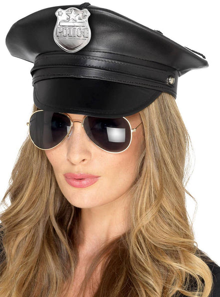 Image of Deluxe Black Leather Look Women's Police Costume Hat