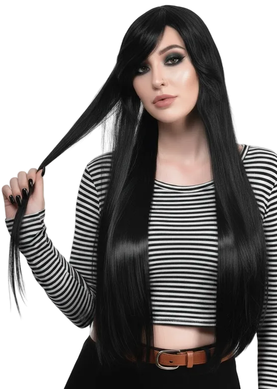 Extra Long Straight Black Women's Costume Wig with Side Fringe - main image