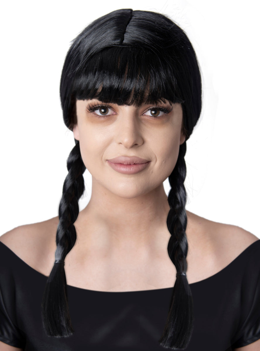 Gothic School Girl Womens Black Plaits Wig