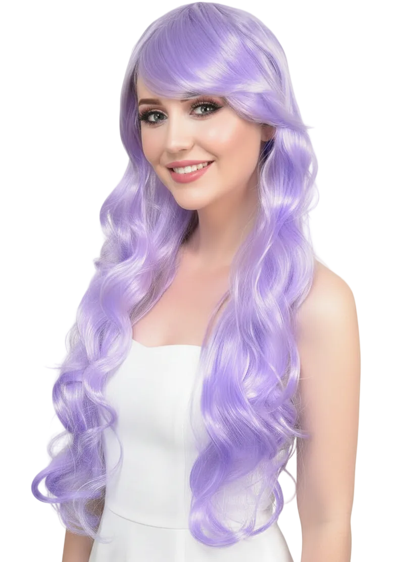 Womens Long Curly Lilac Purple Costume Wig - Main Image