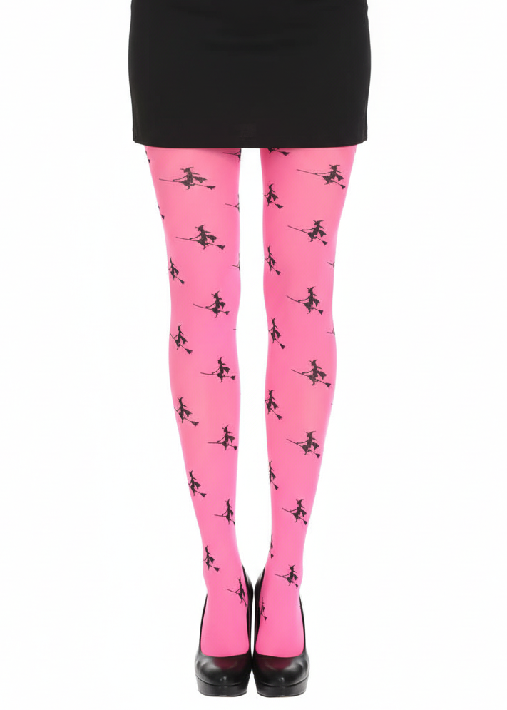 Image Of Neon Pink Witch Print Women's Costume Stockings - main image