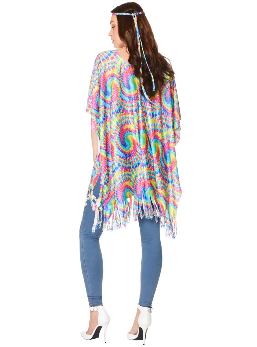 Rainbow Tie Dye Womens 70s Hippie Costume Poncho - Back Image