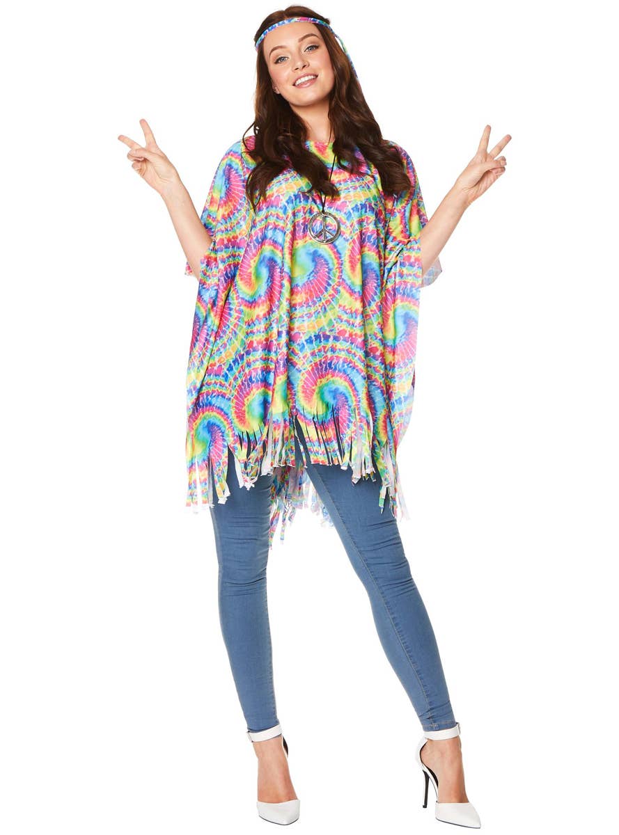 Rainbow Tie Dye Womens 70s Hippie Costume Poncho - Front Image