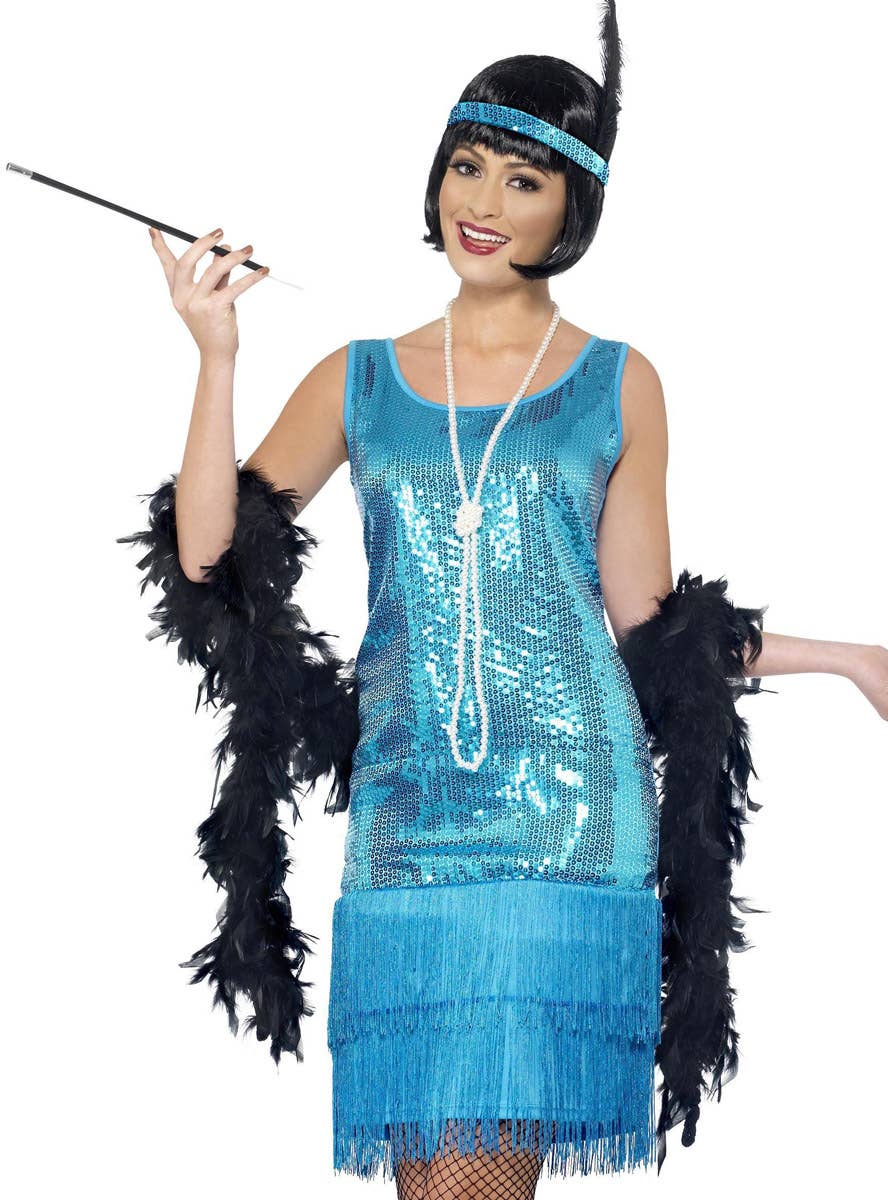 Image of Flirty Flapper Women's Blue 1920s Costume - Close Front View