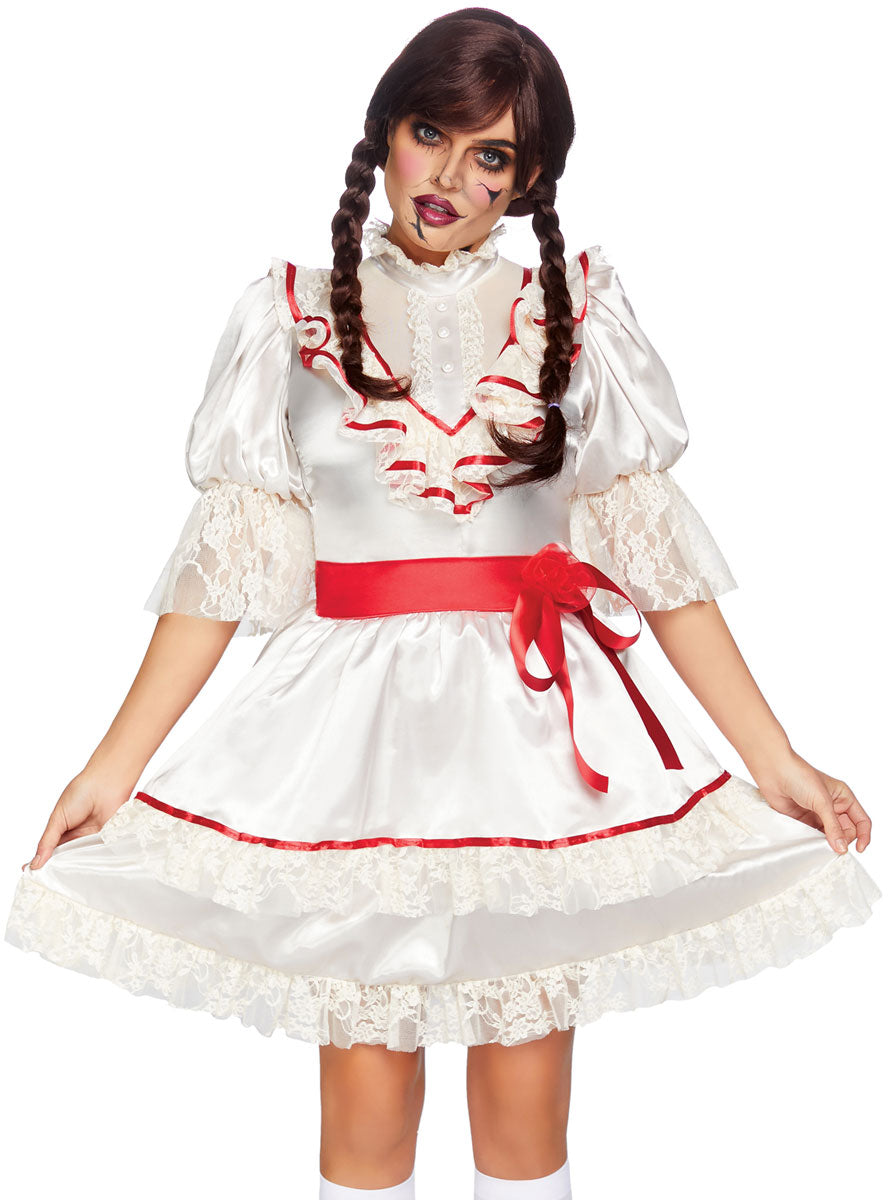 Women's Haunted Doll Annabelle Halloween Fancy Dress Costume - Close Front Image