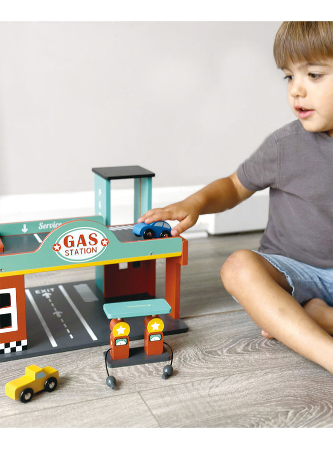 Wooden Car Gas Station Garage Toy - Lifestyle Image