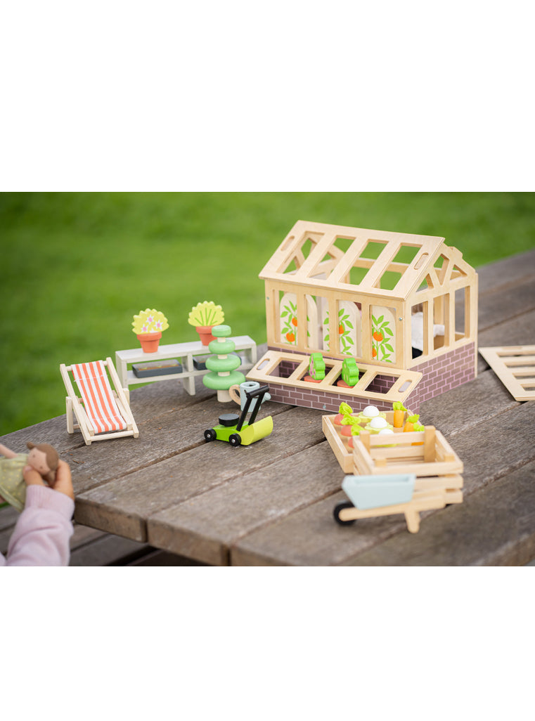 Wooden Doll House Greenhouse And Garden - Lifestyle Image 1