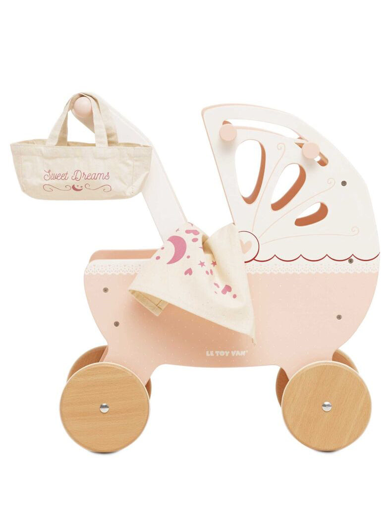 Wooden Pink And White Kids Doll Pram - Side Image
