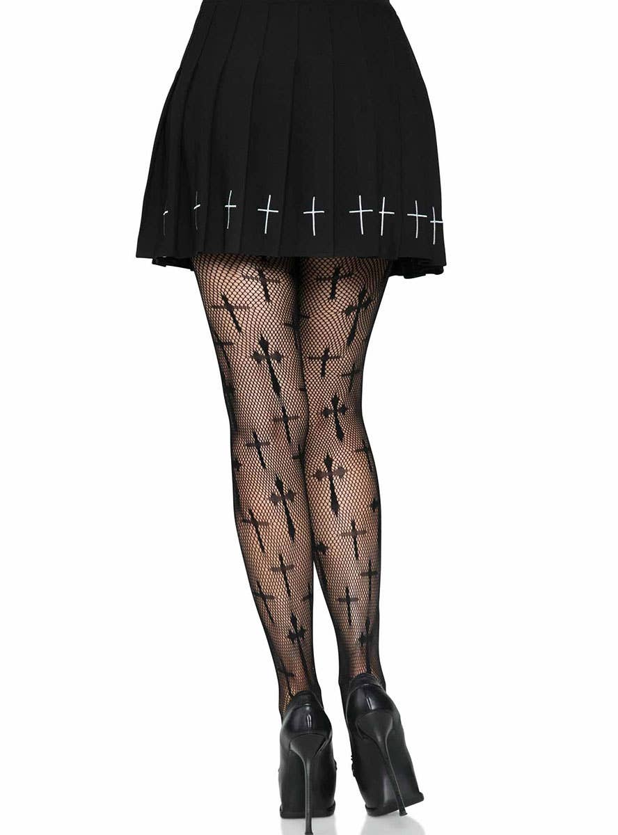 Image of Worship Me Cross Print Black Fishnet Stockings - Alternate Image 2