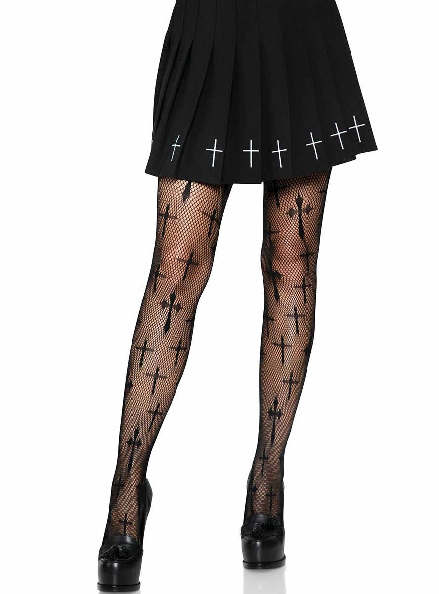 Image of Worship Me Cross Print Black Fishnet Stockings - Alternate Image 1