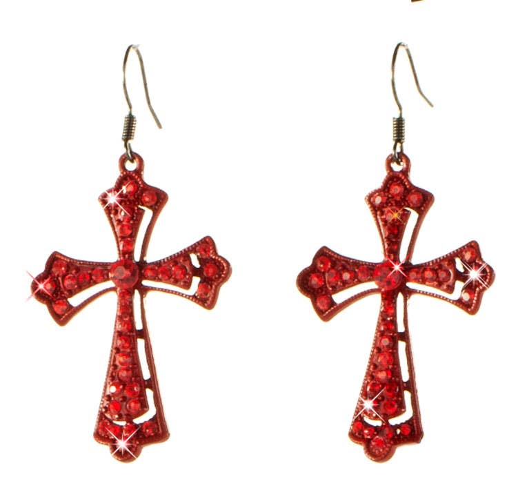Women's Red Gothic Cross and Earrings Halloween Costume Jewellery Set Earrings Close up Image