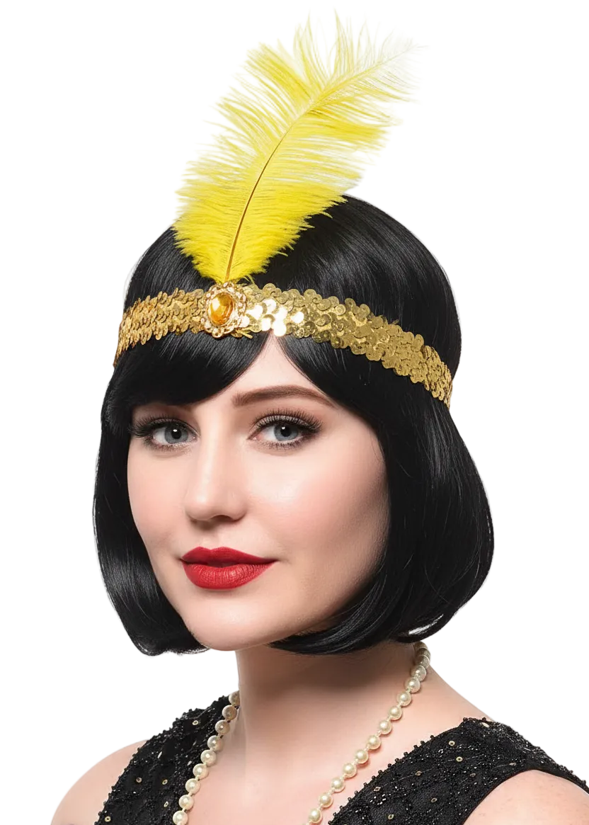 Sequin Gold 1920s Flapper Headband with Feather - Main Image