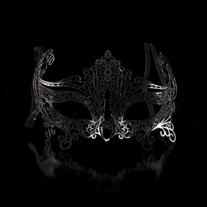 Image of a black shiny metal masquerade mask.