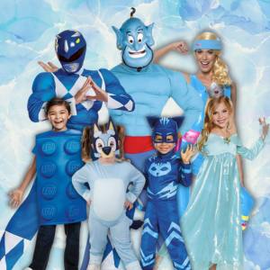 Image of 3 adults and 4 kids wearing different blue costumes, included characters are the Blue Power Ranger, Genie from Aladdin, Barbie, a Lego block, Bluey, Catboy and Rosalina from Super Mario.
