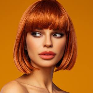 Image of a woman wearing a short ginger coloured bob style wig with fringe.