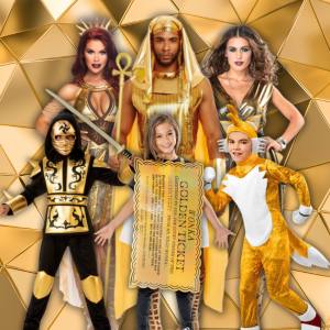 Image of 3 adults and 3 kids wearing gold coloured costumes, included characters are a Sun Goddess, Ramses, a 70s Disco outfit, a Ninja, Golden Ticket and Tails from Sonic.