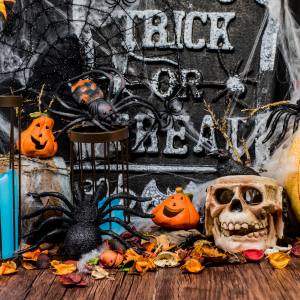 Image of a Halloween themed setup, with a mix of decorations and props including spiders, webs, skulls, pumpkins and gravestones.