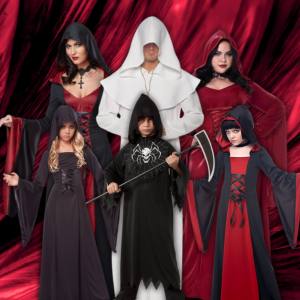 Image of 3 adults and 3 kids wearing different hooded robe costumes.