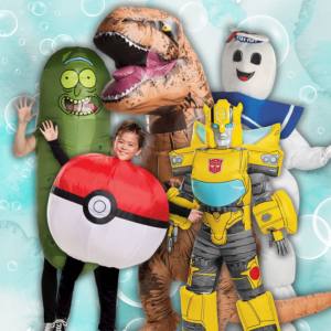 Image of 3 adults and 2 kids wearing different inflatable costumes, included characters are, Pickle Rick, a T-Rex Dinosaur, the Stay Puft Marshmallow Man, a Pokeball and Bumblebee from Transformers.
