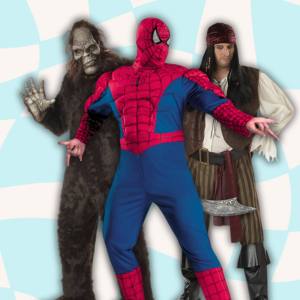 Image of 3 men wearing Plus Size costumes, there is Big Foot, Spiderman and a Pirate.
