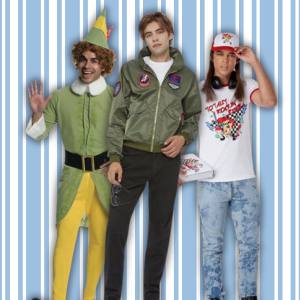 Image of 3 men wearing Medium size costumes, one is a Top Gun pilot, one Buddy the Elf and the other a Pizza Delivery guy.