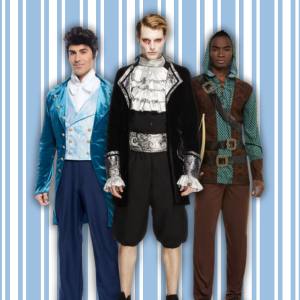 Image of 3 men wearing size Small costumes, one is a Vampire, one Robin Hood and the other is a teal Bridgerton suit.