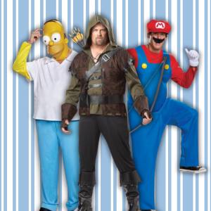 Image of 3 men wearing XL size costumes, one is Homer Simpson, one Robin Hood and one Super Mario.