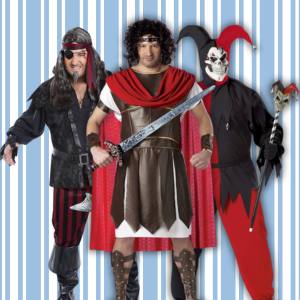 Image of 3 men wearing XXL size costumes, one is a pirate, one a Roman soldier and one a Jester.