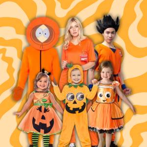 Image of 3 adults and 3 kids wearing different orange coloured costumes, included characters are, Kenny from South Park, a prisoner, Goku, Nemo and two Pumpkins.