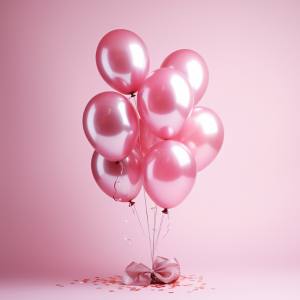Image of a metallic pink balloon bouquet with a pink background.