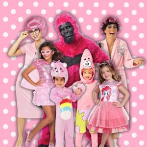 Image of 3 adults and 4 kids wearing pink coloured costumes included characters are, Frenchy from Grease, a Pink Gorilla, Crazy Cat Lady, Supergirl, Patrick Star, Pinkie Pie and a Pink Carebear.