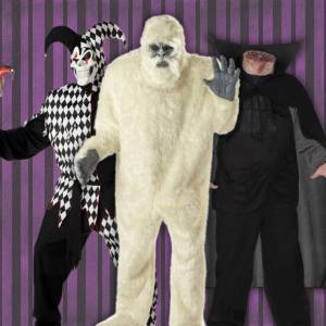 Image of 3 men wearing Plus Size Halloween costumes, there is a Jester, an Abominable Snowman, and the Headless Horseman.
