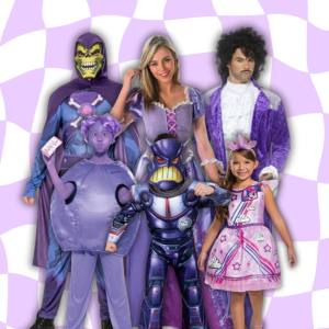 Image of 6 people wearing purple colour costumes.