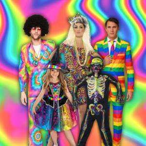 Image of 3 adults and 2 kids wearing rainbow and neon coloured costumes