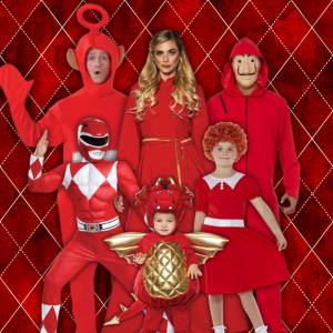 Image of 3 adults and 3 kids wearing red colour costumes.