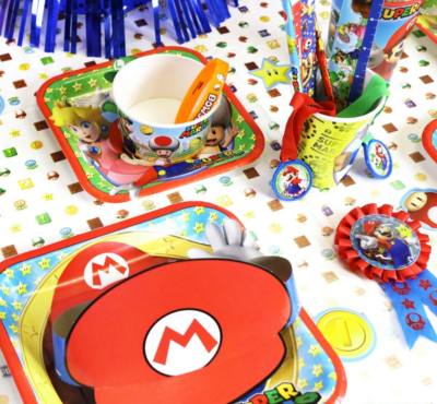 Image of Super Mario Theme Party Supplies on Table
