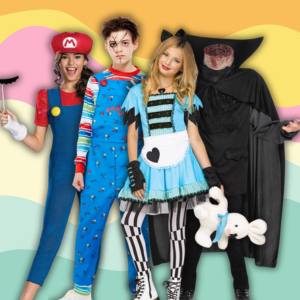 Image of 4 teens wearing different teen size character costumes.