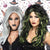 Image of two women wearing Halloween themed Witch Wigs, one is grey and the other black with green streaks.