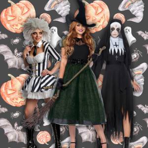 Image of 3 women dressed in Halloween costumes, one is Beetlejuice, one a witch and one a possessed nun.