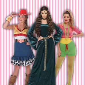 Image of 3 women dressed in costume, one is Jesse from Toy Story, one a Medieval Maiden, the other is in a colourful 1980s workout costume.