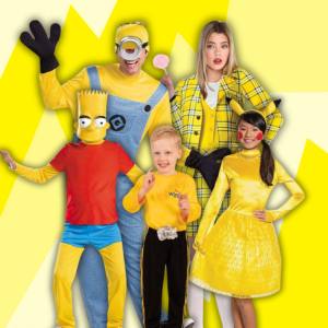Image of a multi-shade yellow background with images of a man in a minion costume, woman in a Cher from Clueless costume, a girl in a Pikachu costume and two boys, one in a Bart Simpson costume the other in a yellow Wiggle costume.