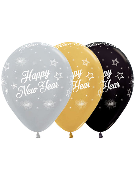12 Pack Metallic Silver Gold And Black Happy New Year 30Cm Latex Balloons - Main Image