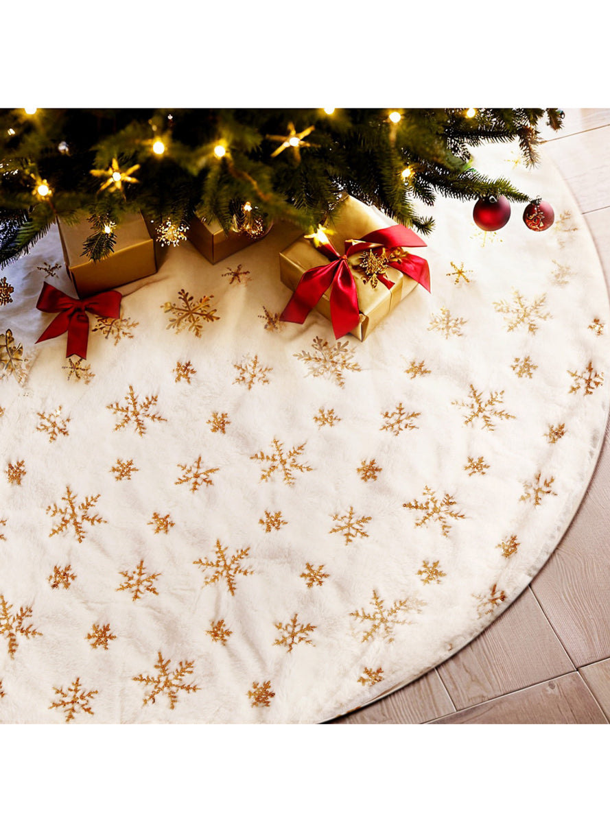 Gold Snowflake Print White Tree Skirt Decoration 120cm - Alternate Image 1