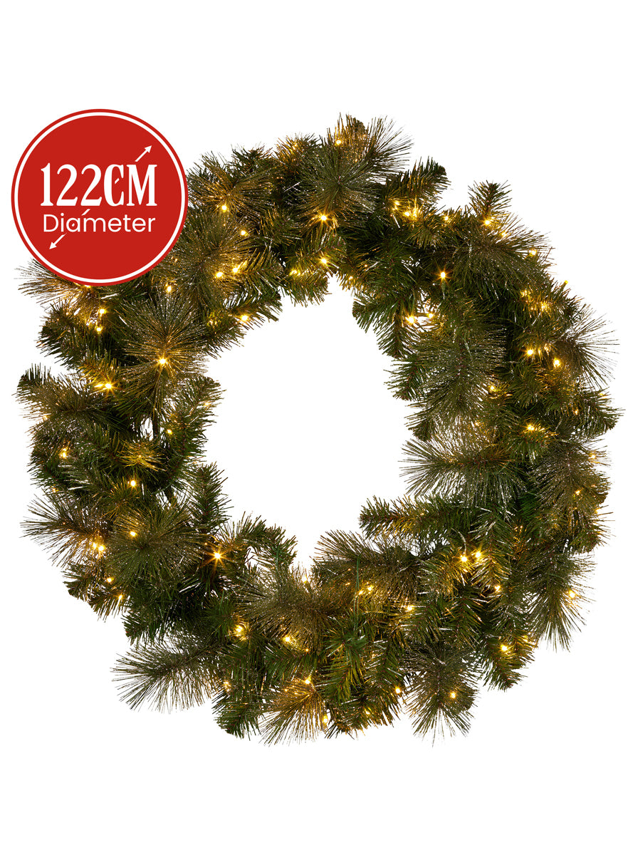 Green Split Christmas Wreath with Lights 122cm - Dimensions Image