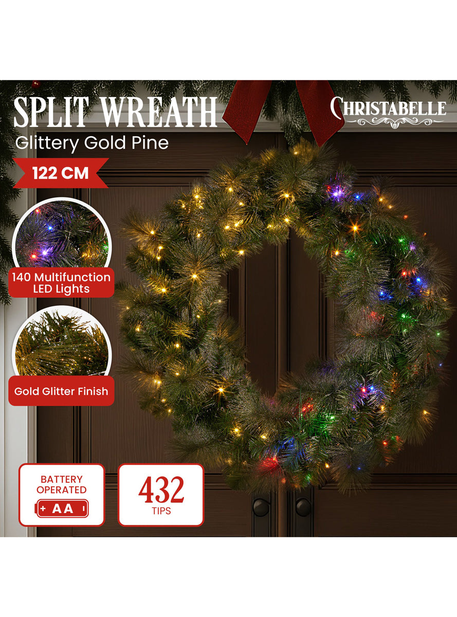 Green Split Christmas Wreath with Lights 122cm - Info Image 1
