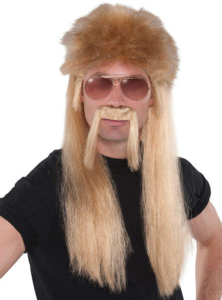 Blonde Mens Mullet Wig and Moustache Set - Main Image
