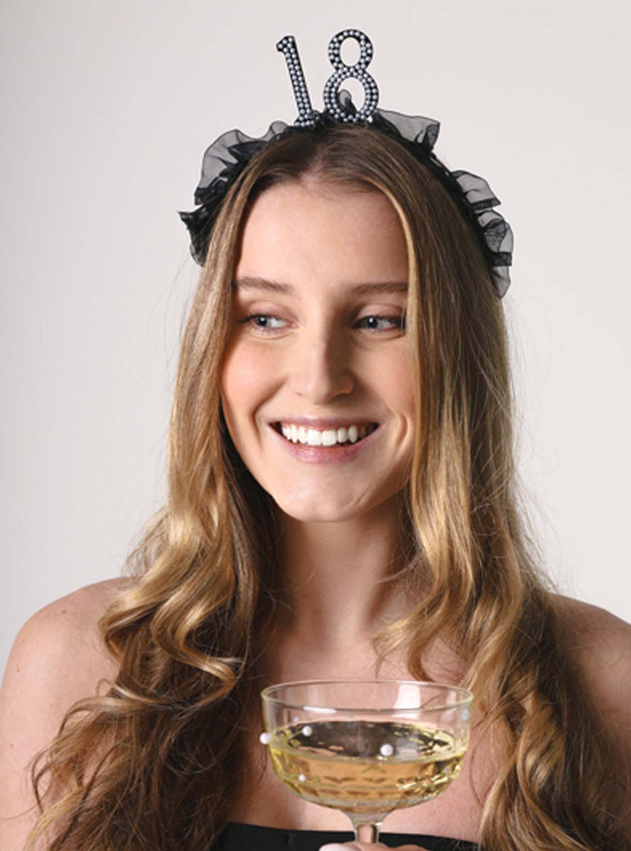 18th Birthday Black Headband With Pearls And Ruffles — Lifestyle Image 1